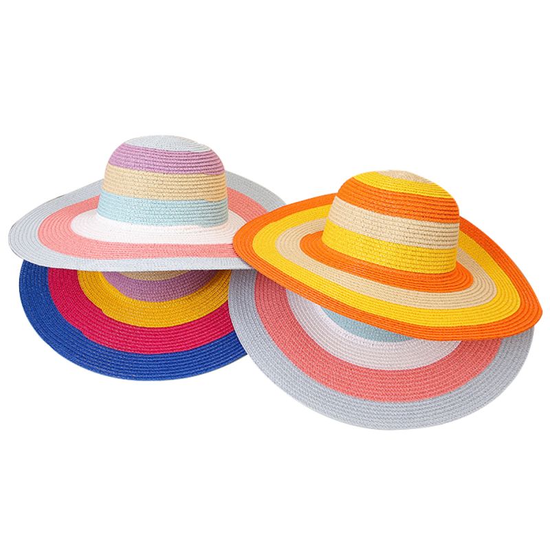 vente en gros chapeau de paille en papier rayé arc-en-ciel pour femmes